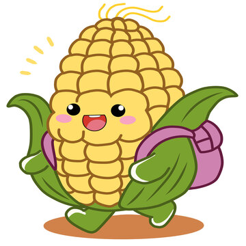 Cheerful Corn Cob Character with Backpack, Cute Vector Art