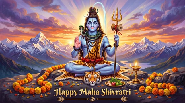 Majestic statue of lord shiva with trident and sunset background for maha shivratri celebration scene