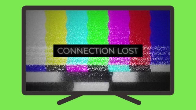 Television screen displaying colorful test pattern color bars with static noise and connection lost text isolated on green background