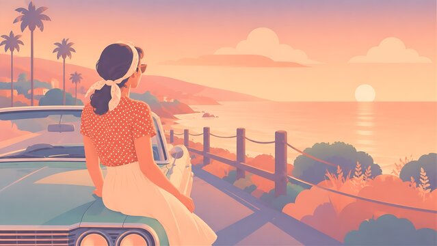 At the Edge of a Peach-Colored Sunset, She Sat Beside the Quiet Road and Let the Sea Carry Her Heart Toward the Gentle Promise of Summer