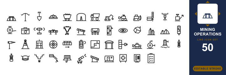 Mining Operations line icon set. pickaxe, ore cart, gold pan, excavator, bulldozer minimal vector illustrations. Simple outline signs for mining industry. 48x48 Pixel Perfect. Editable Stroke. © KVectorsheet