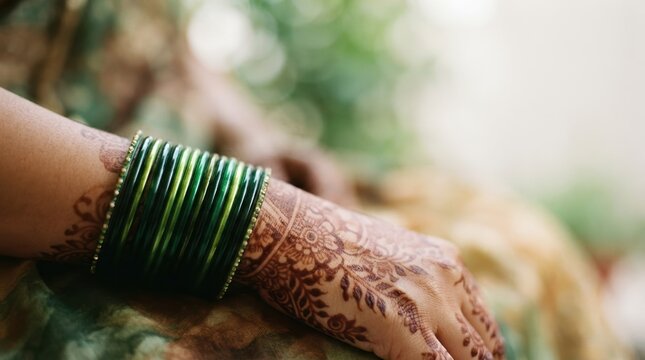 Traditional Indian bridal mehandi design on hand adorned with vibrant green glass bangles for wedding ceremony celebration and cultural rituals