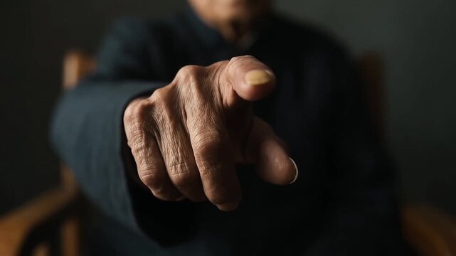 Mysterious dark silhouette of an old man extending his index finger