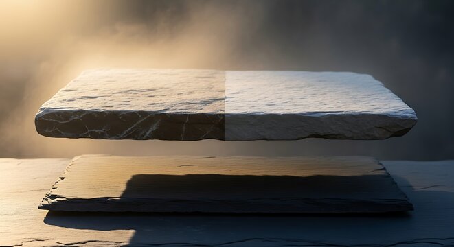 Dark Slab Stone Platform Reflecting Light in Misty Outdoor Scene