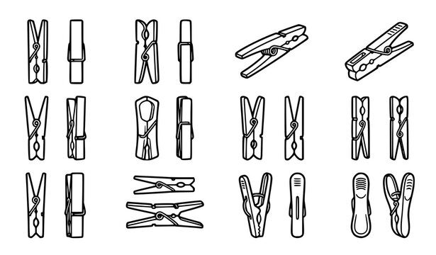 Set of twelve clothespins and laundry pegs front and side view hand drawn black and white vector line art icons