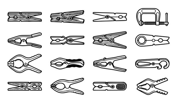 Set of sixteen clothespins pegs and clamps in various styles hand drawn black and white vector line art icon collection