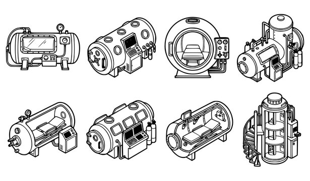 Set of eight hyperbaric oxygen therapy chambers medical equipment hand drawn black and white vector line art illustration icons