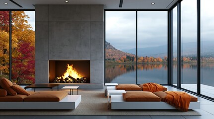 Obraz premium Interior of modern luxury living room with fireplace and scenic autumn lake view