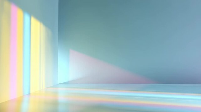 Minimalist empty room with soft pastel rainbow light reflections on the wall and floor, creating a serene and dreamy atmosphere. Modern abstract interior with colorful sunlight beams