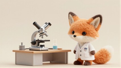 Fototapeta premium A cute fox in a lab coat stands beside a microscope and beakers.
