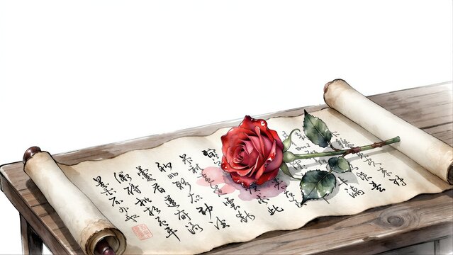 A red rose rests on an ancient scroll with elegant Chinese calligraphy.