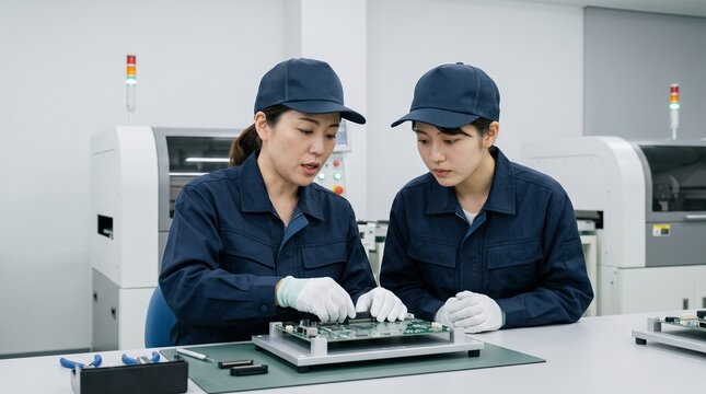 製造業の工場で専用治具を使った電子基板の組み立てと品質確認のOJT指導を行う女性作業員