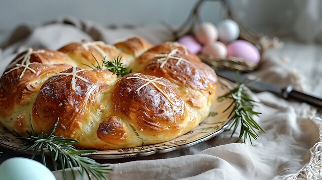 Slovenia, Pinca, round easter sweet bread with a cross on top, served on a decorated ceramic