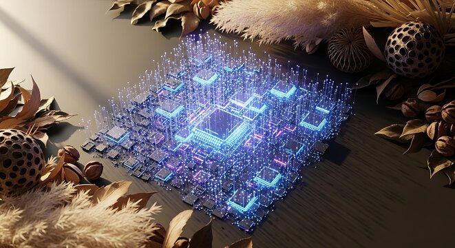 Futuristic Glowing Circuit Microchip Arround by Dried Plant Decor