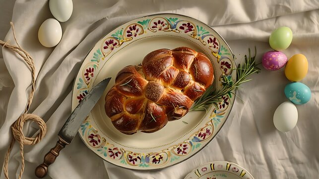 Slovenia, Pinca, round easter sweet bread with a cross on top, served on a decorated ceramic