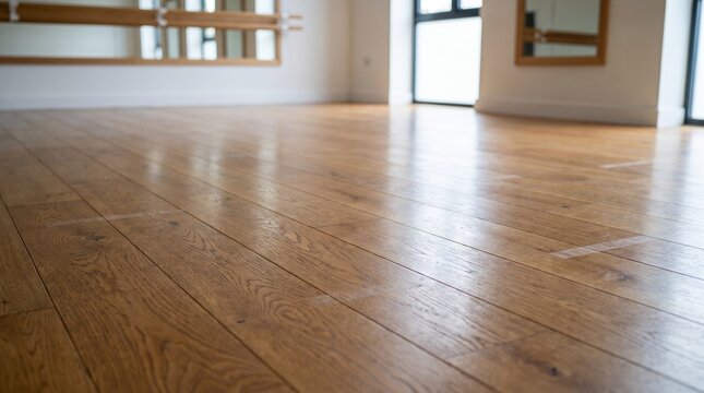 Sprung wooden dance studio floor in bright interior space  