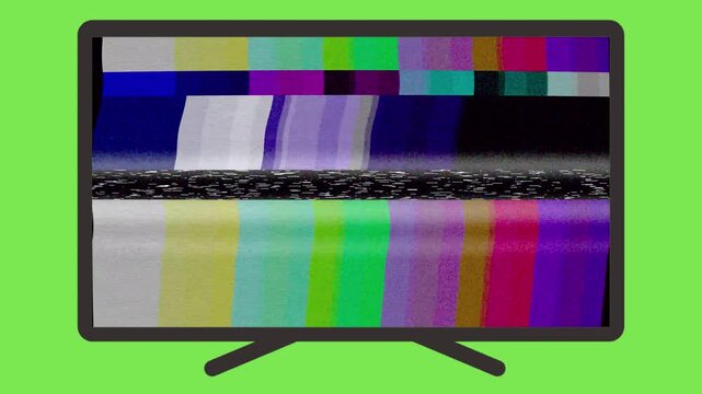 Vintage tv screen glitch effect with color test bars and digital noise signal loss graphic on green background