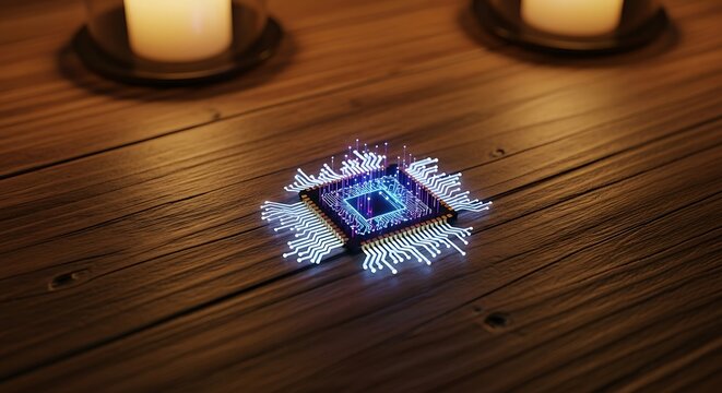 Glowing Microchip with Illuminated Circuitry on Wooden Table