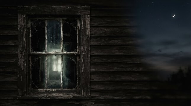Spooky old haunted house window at night with cobwebs and glowing moonlight for Halloween background concepts and horror design projects