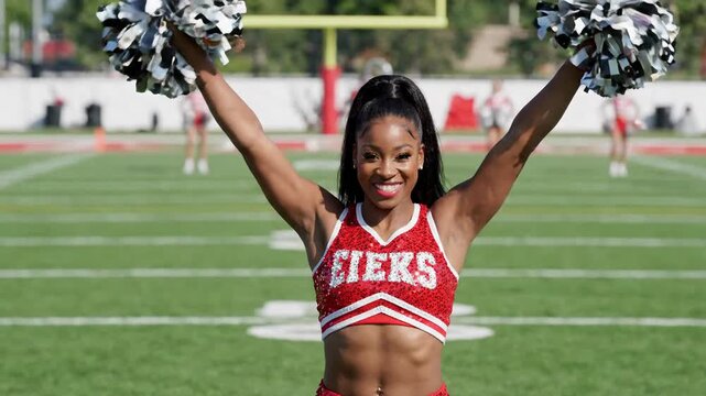 Enthusiastic cheerleader dancing with pom-poms on a football field
