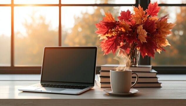 Laptop on a cozy home office workspace with coffee and autumn leaves by a window