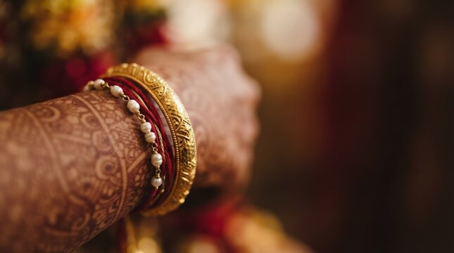 Traditional Indian wedding mehendi and bangles on bride arm closeup, cultural bridal jewelry celebration ceremony concept