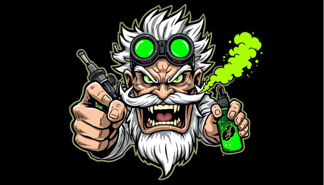 Crazy Mad Scientist Vape Mascot Vector Illustration with Neon Green Smoke