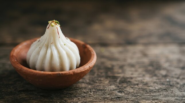 Traditional Indian sweet ukadiche modak served in a clay bowl on a rustic wooden background representing Ganesh Chaturthi festival offerings and cultural dessert traditions
