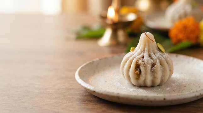 Traditional sweet modak served on plate during Ganesha festival celebration with diya lamp background