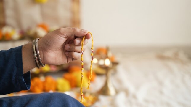 Indian man holding sacred kalava thread in hand during Hindu ritual prayer ceremony