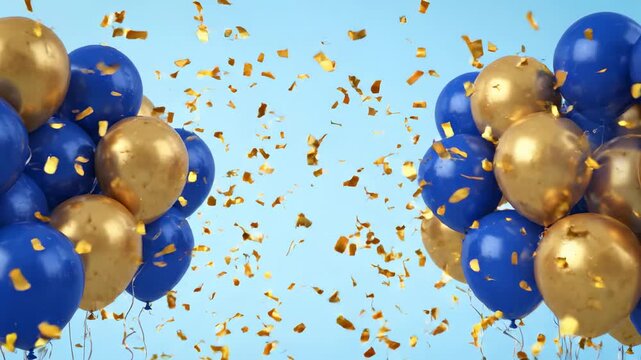 Blue and gold balloons bursting with golden confetti