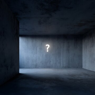 Glowing Neon Question Mark in Dark Minimalist Concrete Room