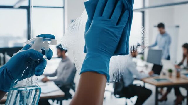 Cleaning glass partition in modern office