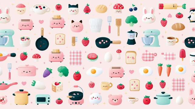 Colorful and cute food-themed illustration featuring various kitchen items and ingredients.