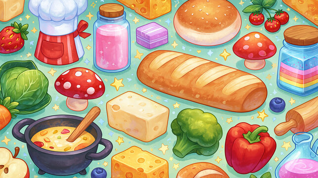 Colorful cartoon food items and cooking elements on a bright background.