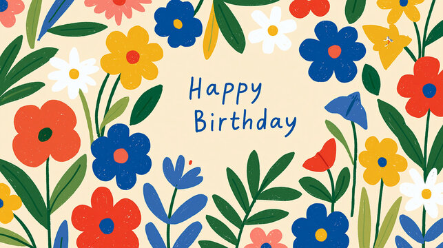 Colorful floral birthday greeting card design with cheerful flowers.
