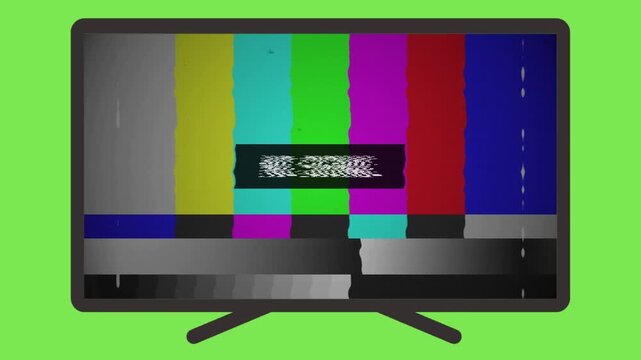 Old television set with color test pattern screen and digital glitch effect on green background for video production and broadcasting media themes