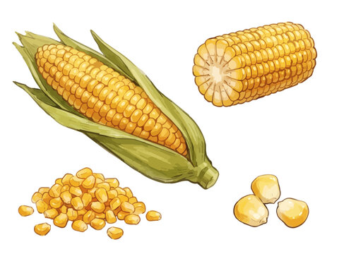 Appetizing sweet corn illustration with glossy golden kernels, fresh juicy texture and vibrant food styling ／ シズル感のあるとうもろこしのイラスト、艶のある黄金色の粒とみずみずしい質感を表現した美味しそうなフードイラスト