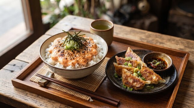 Japanese Mentai Rice with Crispy Pan Fried Gyoza. Authentic Japanese mentai rice topped with creamy torched mentaiko sauce served alongside crispy pan fried gyoza.