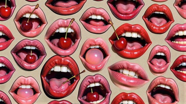 Lips, cherries, and a face pop up in this vibrant, repetitive mouth collage.