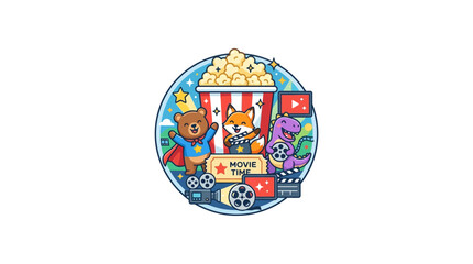 Cartoon animal characters with popcorn watching a movie.