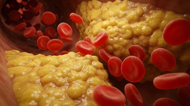 Red blood cells flowing through artery with plaque