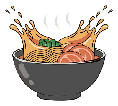 Ramen bowl splashing liquid isolated on white backgr.... Generative AI