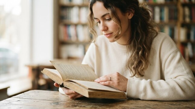 Young woman reading a book in a library, concentrated female student studying in a cozy bookstore, education and learning concept