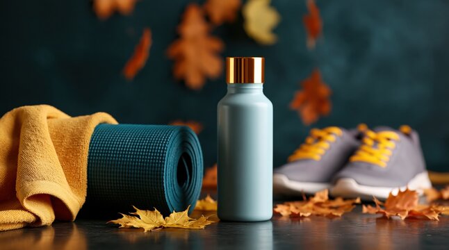 Fitness workout set with yoga mat sneakers and water bottle on autumn fall leaves