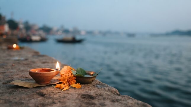 Clay diya lamp with marigold flowers and offerings lit by the Ganges river at dusk representing spirituality and Hindu ritual worship