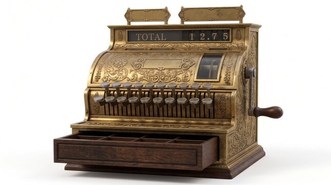 Vintage brass cash register. Antique mechanical till for retail business transactions.