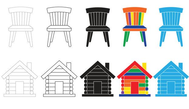 Minimalist wooden chair icon set featuring line outline black silhouette and bright color design variations