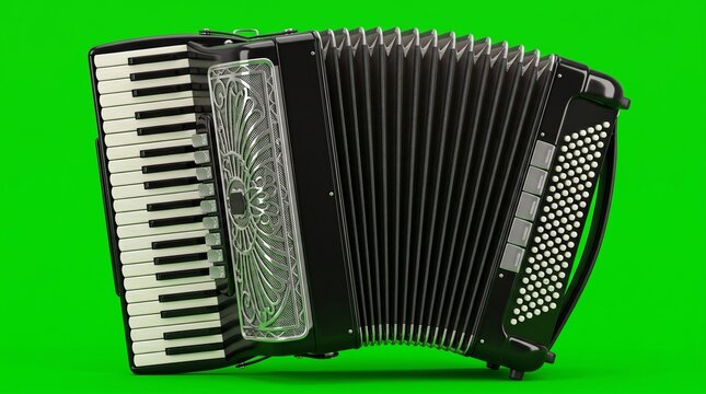Black piano accordion on green screen. Musical instrument isolated for chroma key editing.