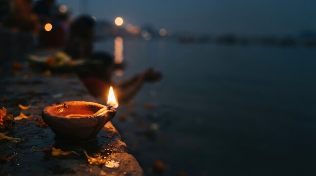 Clay diya lamp glowing by the Ganges river at dusk representing Indian spirituality, meditation, and traditional Diwali festival celebration
